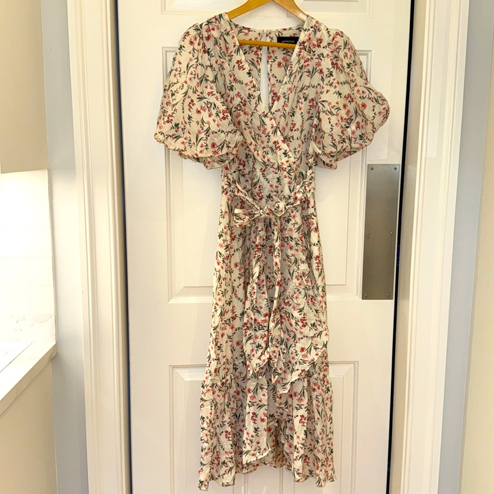 MINKPINK Cream Floral Wrap Midi Dress with Pink & Green Accents - Picture 4 of 12